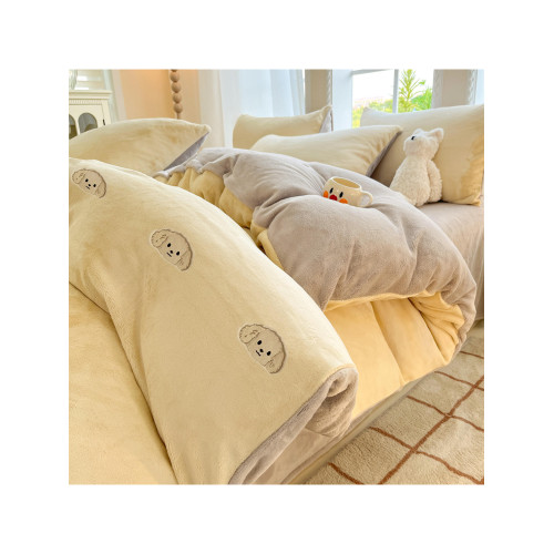 出口澳洲高級牛奶絨四件套毛絨加絨被套可愛刺綉床單加厚冬季保暖