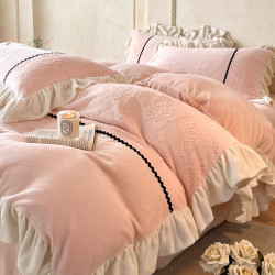 法式公主風牛奶絨床上四件套冬季加厚款珊瑚絨被套保暖三件套床單