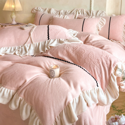 法式公主風牛奶絨床上四件套冬季加厚款珊瑚絨被套保暖三件套床單