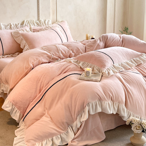 法式公主風牛奶絨床上四件套冬季加厚款珊瑚絨被套保暖三件套床單