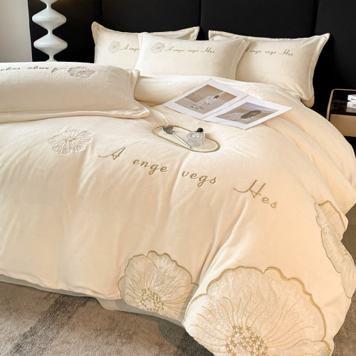 冬款四件套綉花牛奶絨A類雙面加絨加厚被套立體花邊保暖親膚裸睡