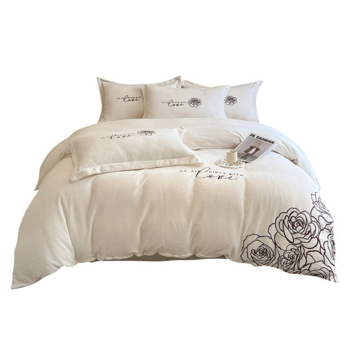 冬款四件套綉花牛奶絨A類雙面加絨加厚被套立體花邊保暖親膚裸睡