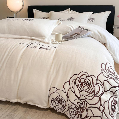 冬款四件套綉花牛奶絨A類雙面加絨加厚被套立體花邊保暖親膚裸睡