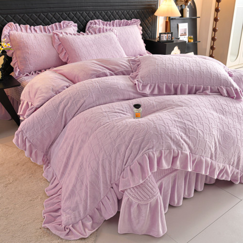 冬季加厚公主風牛奶絨四件套床蓋冬天加絨珊瑚絨夾棉床裙被套床品