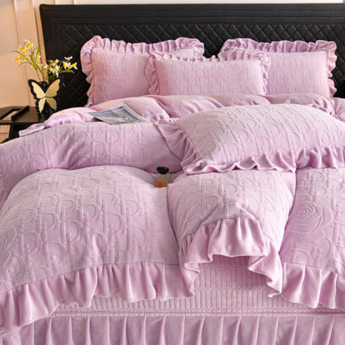 冬季加厚公主風牛奶絨四件套床蓋冬天加絨珊瑚絨夾棉床裙被套床品