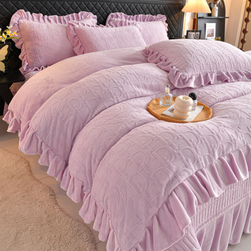 冬季加厚公主風牛奶絨四件套床蓋冬天加絨珊瑚絨夾棉床裙被套床品