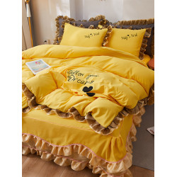 韓式花邊四件套床裙款純棉全棉被罩裸睡防滑床罩式家用床上三件套