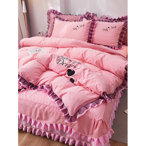 韓式花邊四件套床裙款純棉全棉被罩裸睡防滑床罩式家用床上三件套