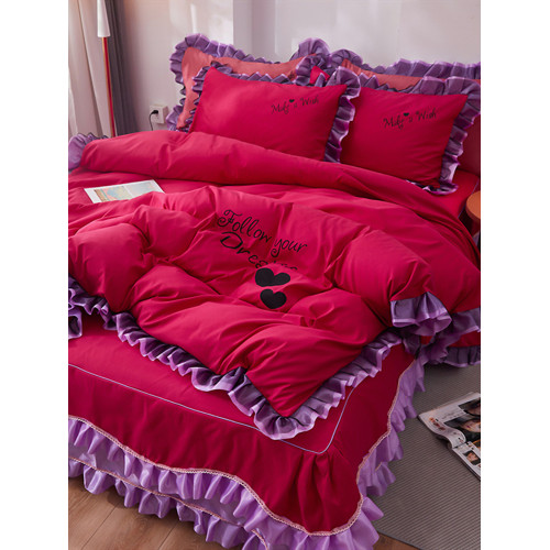 韓式花邊四件套床裙款純棉全棉被罩裸睡防滑床罩式家用床上三件套