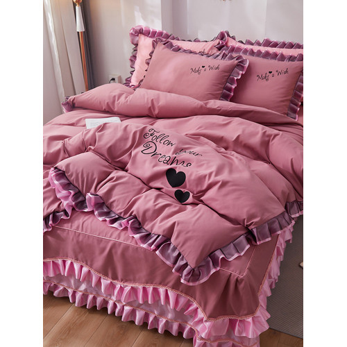 韓式花邊四件套床裙款純棉全棉被罩裸睡防滑床罩式家用床上三件套