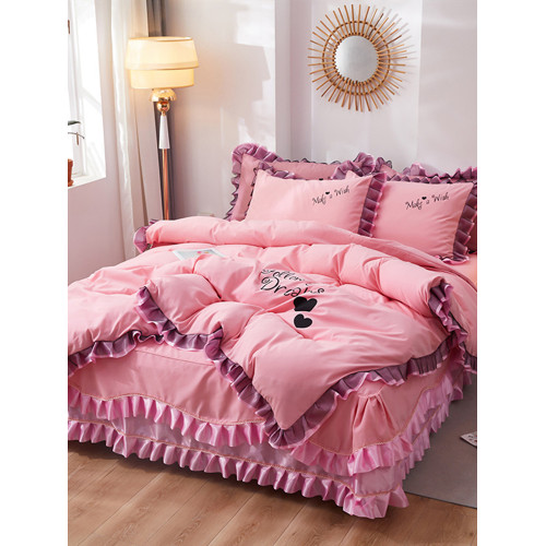 韓式花邊四件套床裙款純棉全棉被罩裸睡防滑床罩式家用床上三件套