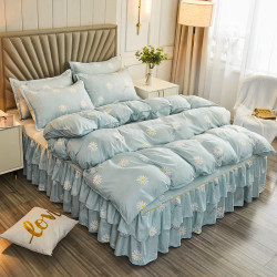 床裙款四件套床上用品四季通用全遮醜下擺純水洗棉防滑被套床包罩