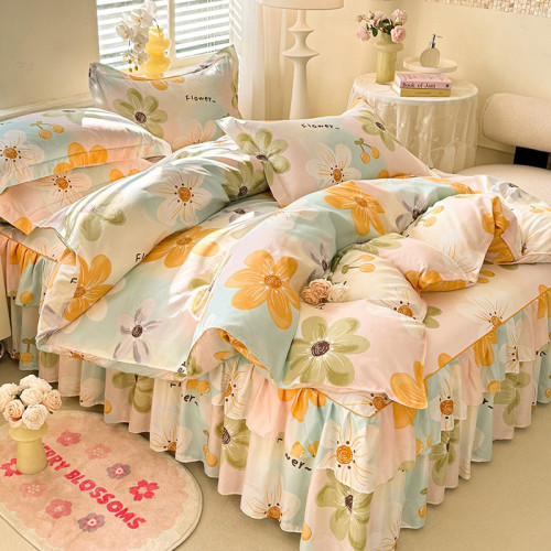 床裙款四件套床上用品四季通用全遮醜下擺純水洗棉防滑被套床包罩