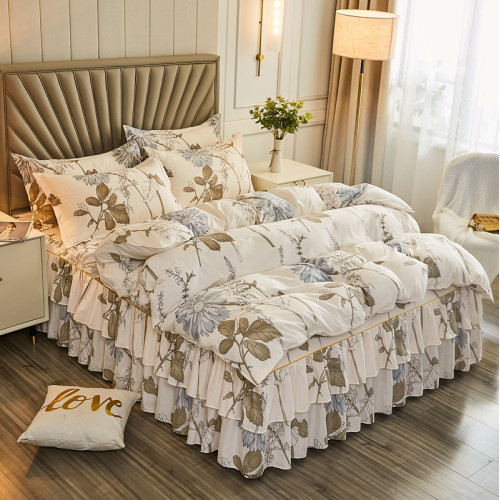 床裙款四件套床上用品四季通用全遮醜下擺純水洗棉防滑被套床包罩