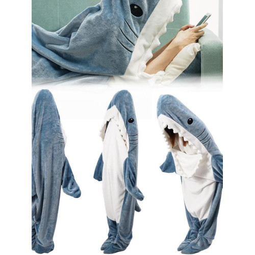 鯊魚毛毯成人可愛鯊魚毛毯連帽衫可穿戴毯超柔軟法蘭絨睡袋防踢被