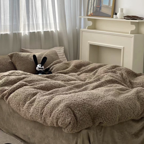冬季加厚保暖羊駝絨+牛奶絨ins純色床上用品法萊絨羊羔絨簡約被套