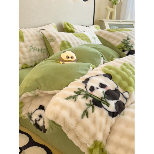可愛小熊貓兔絨牛奶絨四件套AB版加厚保暖被套床品兒童床單三件套