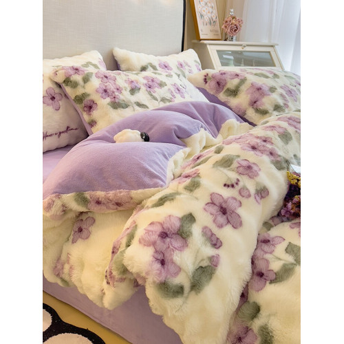 可愛小熊貓兔絨牛奶絨四件套AB版加厚保暖被套床品兒童床單三件套