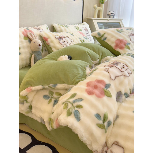 可愛小熊貓兔絨牛奶絨四件套AB版加厚保暖被套床品兒童床單三件套