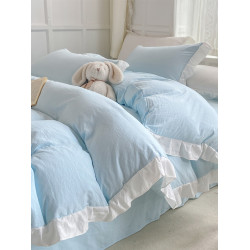 公主風水洗棉純色床單被套四件套花邊床上用品大學生宿捨三件套女