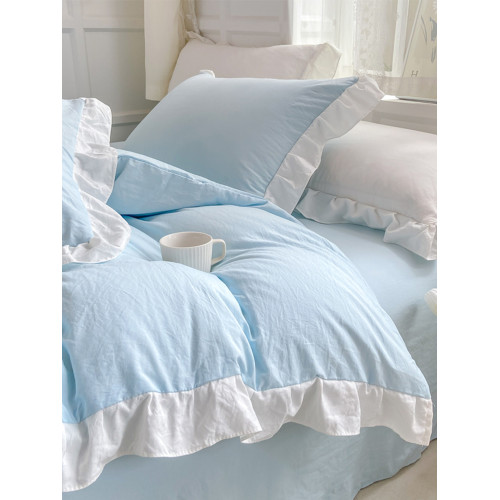 公主風水洗棉純色床單被套四件套花邊床上用品大學生宿捨三件套女