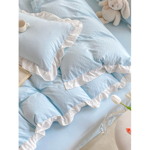 公主風水洗棉純色床單被套四件套花邊床上用品大學生宿捨三件套女