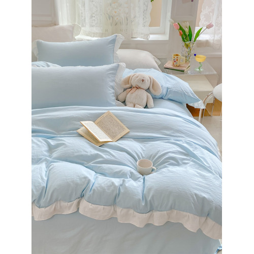 公主風水洗棉純色床單被套四件套花邊床上用品大學生宿捨三件套女