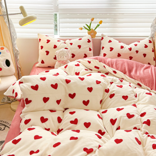 可愛加厚牛奶絨四件套保暖卡通被套珊瑚絨防靜電床罩裸睡被罩冬季