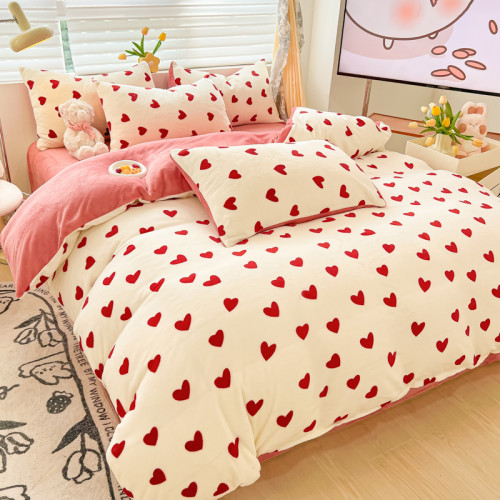 可愛加厚牛奶絨四件套保暖卡通被套珊瑚絨防靜電床罩裸睡被罩冬季