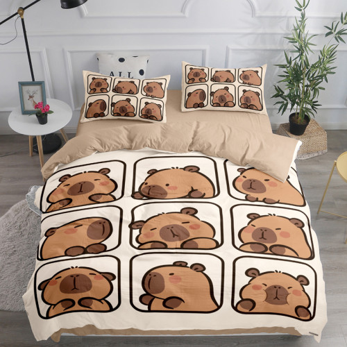 卡皮巴拉可愛四件套水豚兒童卡通被罩床單床包學生宿捨床上三件套