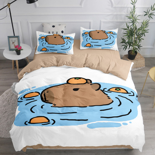 卡皮巴拉可愛四件套水豚兒童卡通被罩床單床包學生宿捨床上三件套