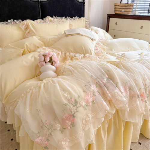 韓式全棉蕾絲花邊公主風床裙四件套純棉少女裸睡刺綉被套床單床包