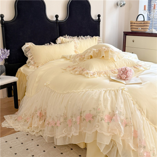 韓式全棉蕾絲花邊公主風床裙四件套純棉少女裸睡刺綉被套床單床包