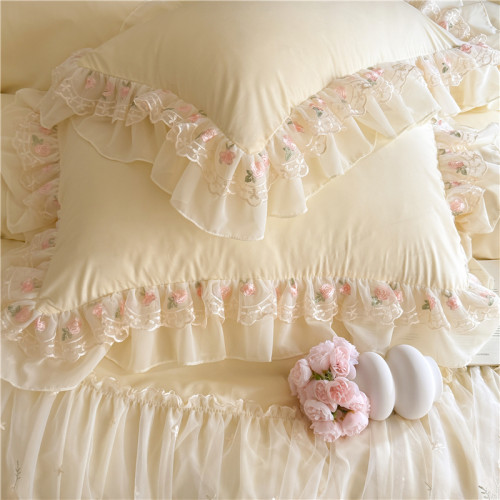 韓式全棉蕾絲花邊公主風床裙四件套純棉少女裸睡刺綉被套床單床包