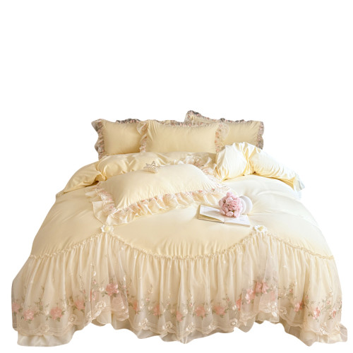 韓式全棉蕾絲花邊公主風床裙四件套純棉少女裸睡刺綉被套床單床包