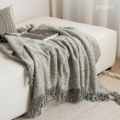侘寂風毛毯小華夫格拉絨流蘇毯子沙發針織毯午睡蓋毯民宿床尾毯