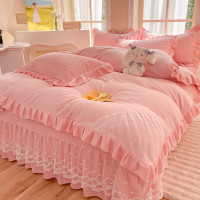 冬季牛奶絨床蓋四件套公主風花邊床裙加厚夾棉床單絨被套床上用品