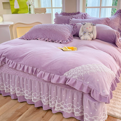 冬季牛奶絨床蓋四件套公主風花邊床裙加厚夾棉床單絨被套床上用品