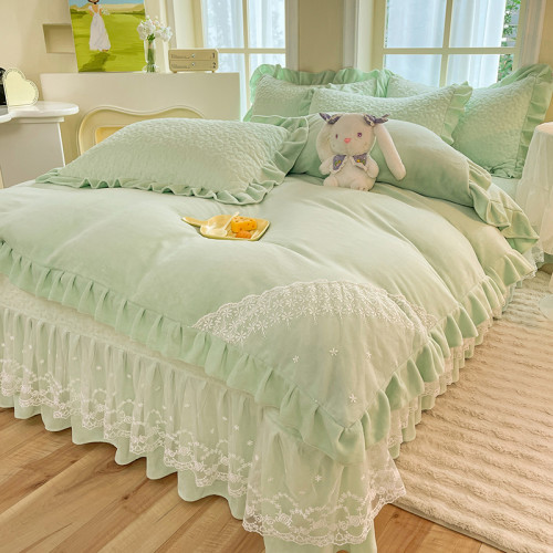 冬季牛奶絨床蓋四件套公主風花邊床裙加厚夾棉床單絨被套床上用品