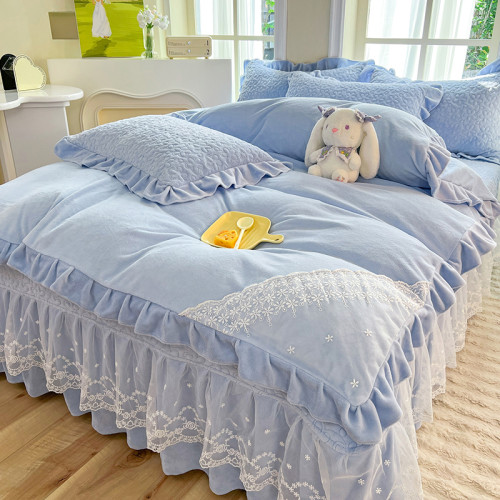 冬季牛奶絨床蓋四件套公主風花邊床裙加厚夾棉床單絨被套床上用品