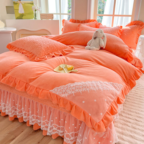 冬季牛奶絨床蓋四件套公主風花邊床裙加厚夾棉床單絨被套床上用品