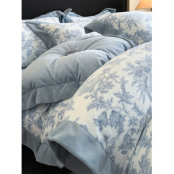 出口A類高級印花牛奶絨四件套法式冬季加厚加絨寬邊被套防滑床罩