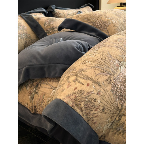 出口A類高級印花牛奶絨四件套法式冬季加厚加絨寬邊被套防滑床罩