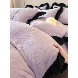 2025新款冬季加厚保暖牛奶絨四件套公主風雕花花邊珊瑚絨被套床單