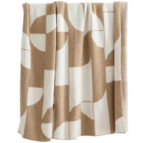 秋冬新款北歐幾何INS風針織半邊絨毛毯沙發裝飾蓋毯午睡絨毯黑咖