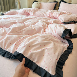 出口歐美全棉花邊款四件套被套清新床單純色床單純棉四季宿捨學生