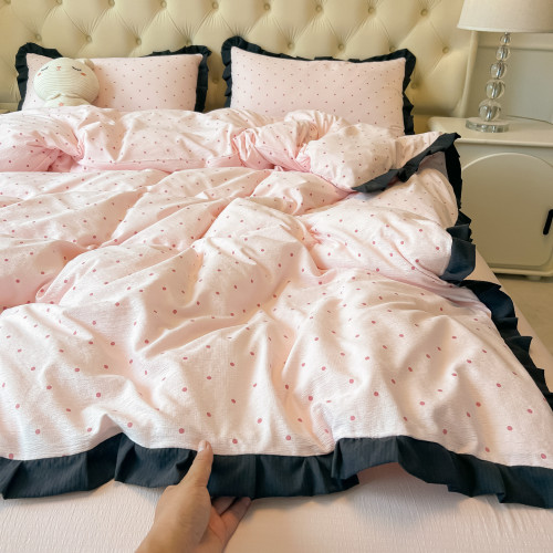 出口歐美全棉花邊款四件套被套清新床單純色床單純棉四季宿捨學生