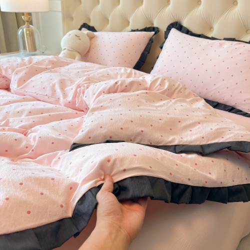 出口歐美全棉花邊款四件套被套清新床單純色床單純棉四季宿捨學生