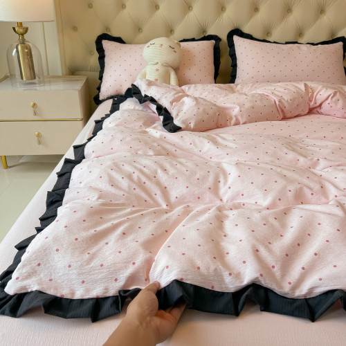 出口歐美全棉花邊款四件套被套清新床單純色床單純棉四季宿捨學生