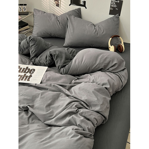 日式水洗棉被子全套一整套秋冬季純色床上四件套帶被芯枕芯七件套